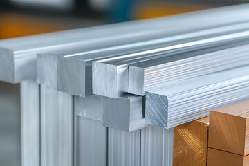 Obraz premium Stacked Metal Bars: A study of industrial materials and geometric forms. Close-up capturing the texture and sheen. Focus on precision and detail.