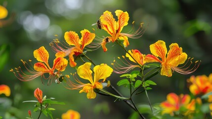 The Amazonian flora of Anavilhanas, with bright, colorful flowers in full bloom, attracting a myriad of buzzing bees and insects.