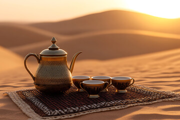 Desert Still Life: A beautiful arrangement of a teapot and cups on a decorative rug in the sand dunes bathed in warm, golden sunlight.