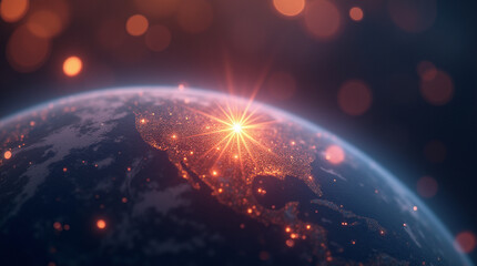  Close-up view from space showing Luma, a small glowing star, gazing down at the colorful Earth, soft atmosphere, microphotography fantasy effect