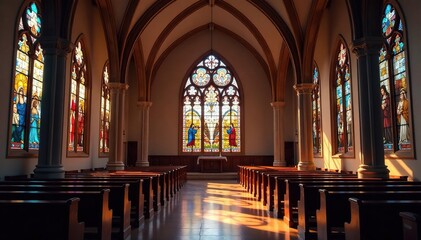 Interfaith chapel interior, stained glass depicting various religious symbols, crescent, God, worship