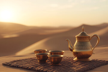 Golden tea set in a desert oasis: Warm beverage amidst sand dunes at sunset. Serene escape with ornate teapot and cups on woven mat.