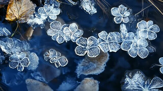 Ice formations resembling flowers floating on a dark pond surrounded by autumn leaves