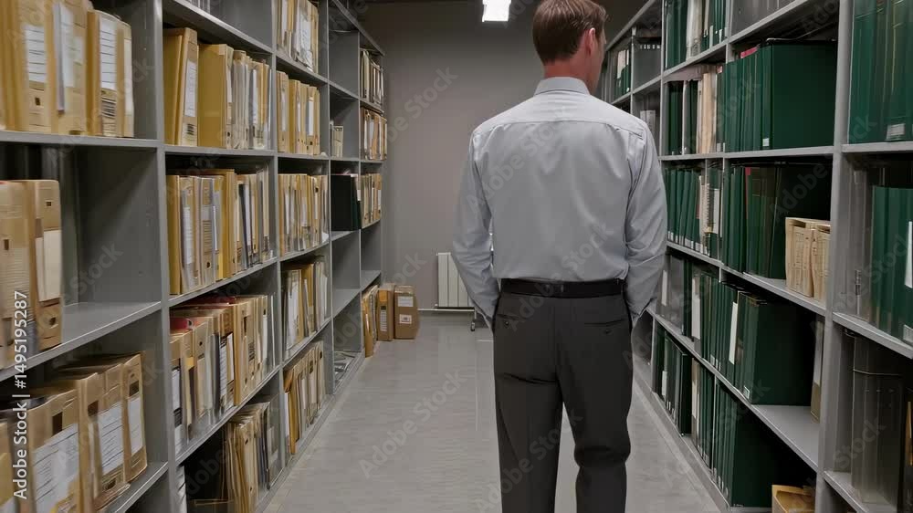 Poster professional office worker navigating archive corridor, scanning shelves with files and folders whil