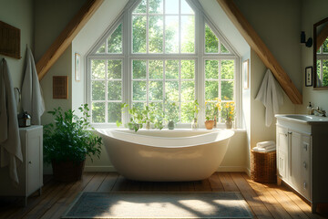 Fototapeta premium Elegant modern bathroom featuring a freestanding tub and natural light in a serene attic setting during daylight hours