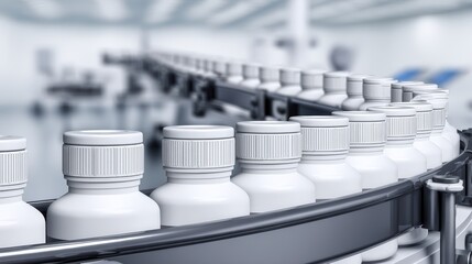Obraz premium Pharmaceutical conveyor belt in clean room, glass vials on line receiving liquid dosage from filling heads.