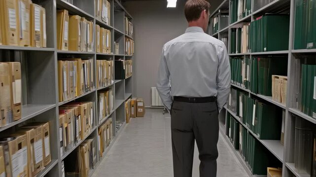 Professional office worker navigating archive corridor, scanning shelves with files and folders while methodically searching for specific organizational documentation