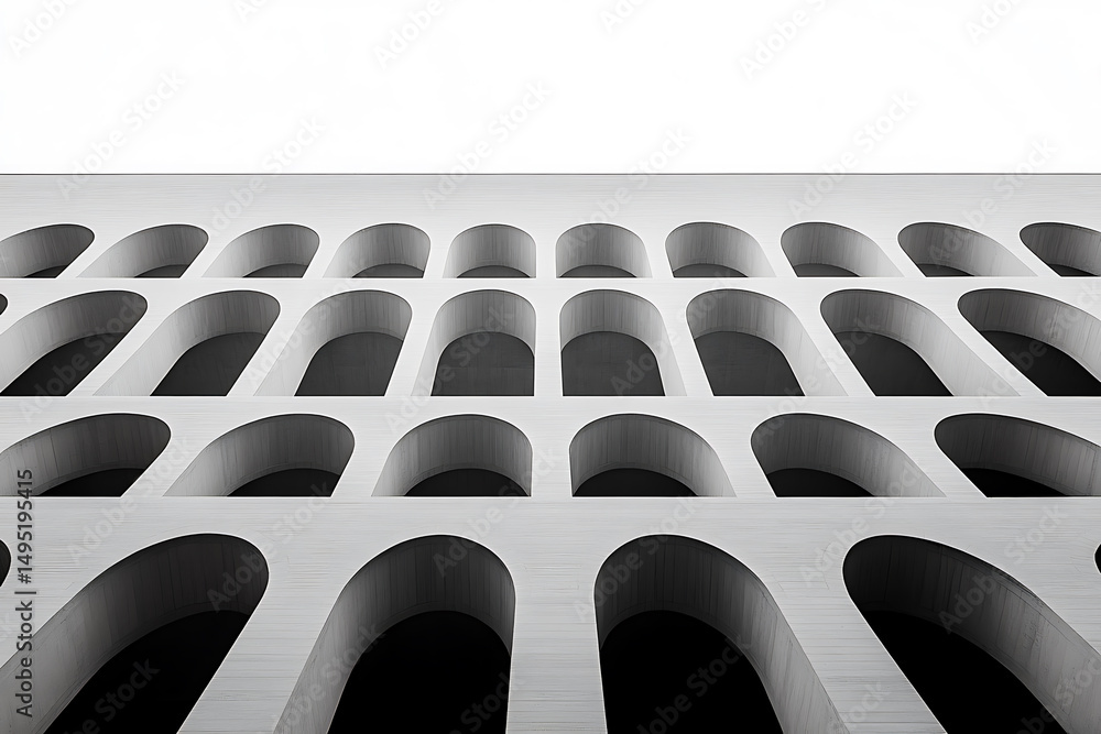 Poster architectural design featuring rows of arched openings against a stark white background, creating a 