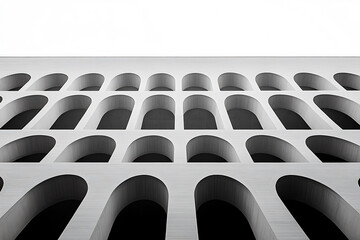 Architectural design featuring rows of arched openings against a stark white background, creating a repetitive and visually compelling pattern.