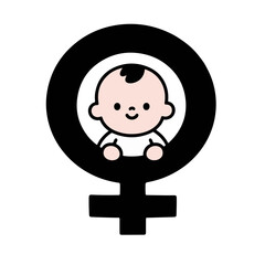 A baby's face inside a female symbol, a simple black and white illustration.