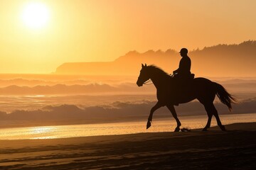 Rider on horseback silhouetted against sunrise at the beach scenic coastline photography serene environment side view adventure in nature