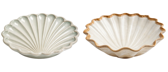 Two elegant ceramic seashell-shaped serving dishes isolated with transparent background