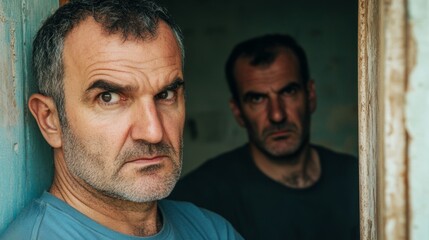 Fototapeta premium Gazing in the mirror, a shocked young man encounters his future self, an old man who looks worn and defeated