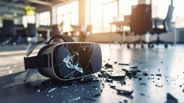 Broken virtual reality headset shattered on office floor symbolizes freelance business fail and technology setbacks in modern workspace