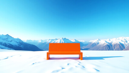 Vivid Orange Bench on Snowy Plateau with Majestic Mountain Backdrop Under Clear Blue Sky – Serene Winter Landscape Photography