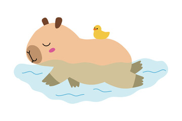Cute cartoon capybara swimming floating in water with rubber duck. Kawaii friendly capybara character. T-shirt print, sticker. Stock vector illustration isolated on white background.