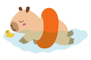 Cartoon capybara swimming with rubber duck, summer cute capybara. Kawaii pet animal for card, decoration, print. Stock vector illustration isolated on white 