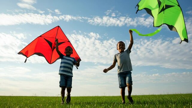 Two children flying colorful kites joyfully in a grassy field