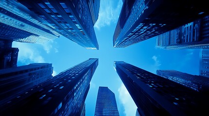 The perspective shows tall buildings reaching towards the bright blue sky