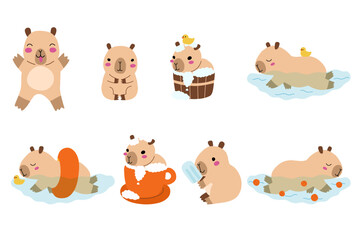 Cute cartoon capybara swimming with rubber duck, capybara in tub, summer capybara with ice cream set. Kawaii pet animal for card, decoration, print. Stock vector illustration isolated on white 