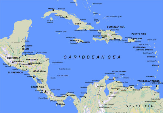Vector geographical world map. Fragment of american continent with 
cuba, haiti, panama canal, caribbean sea, dominican republic,
puerto rico, jamaica, venezuela, 
guatemala. Central america terrain.