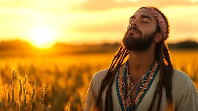 Spiritual farmer holds wheat in sun-drenched field, serene face reflects connection to land, divine provision