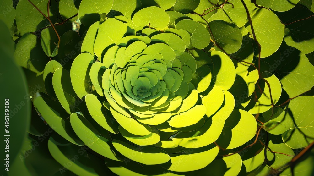 Poster close-up view of green leaf arrangement in circular pattern showcasing nature's intricate design wit