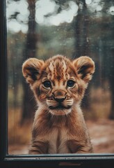 Fototapeta premium A playful depiction of a lion cub in front of a mirror, imagining itself as a great lion