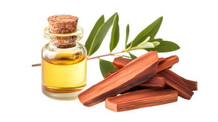 Sandalwood Oil and Plant Isolated on Transparent Background - Aromatherapy Wellness Concept