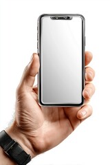hand holding smartphone with blank screen 