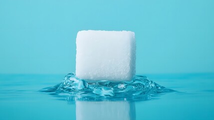 A solitary sugar cube dissolving in serene turquoise water