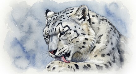 Fototapeta premium Detailed Watercolor Portrait of a Snow Leopard Grooming Itself