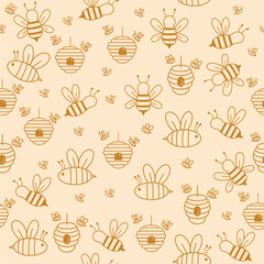 Adorable Hand-Drawn Bees and Beehives Seamless Pattern Background