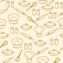 Culinary Chef and Kitchen Tools Seamless Pattern in Outline Style