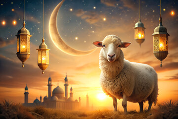 Majestic Sheep at Sunset with Islamic Lanterns and Mosque