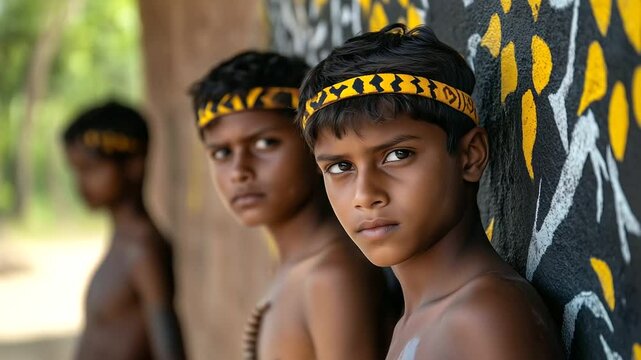 Boys posed against clay wall with tribal mural faintly behind, heads adorned with handmade bands, eyes deep with curiosity and strength