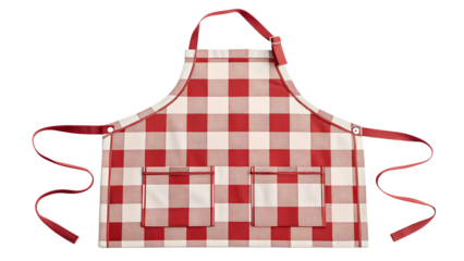 Red and white checkered apron with pockets on black background