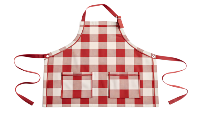 Red and white checkered apron with pockets on black background