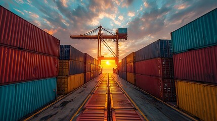 Fototapeta premium Sunset view of cargo containers at a port.