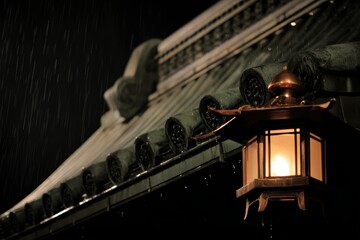Rainy night rooftop scene with traditional lantern glowing warmly, raindrops trailing on dark tiles under soft light.