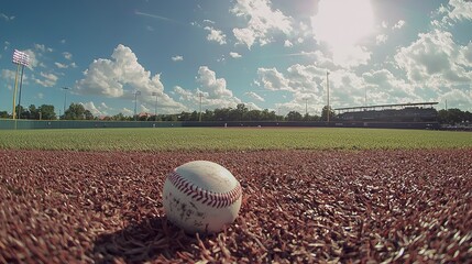 The camera focusing on the white leather baseball as it lies motionless on the mound, while the infield and outfield stretch into the distance.