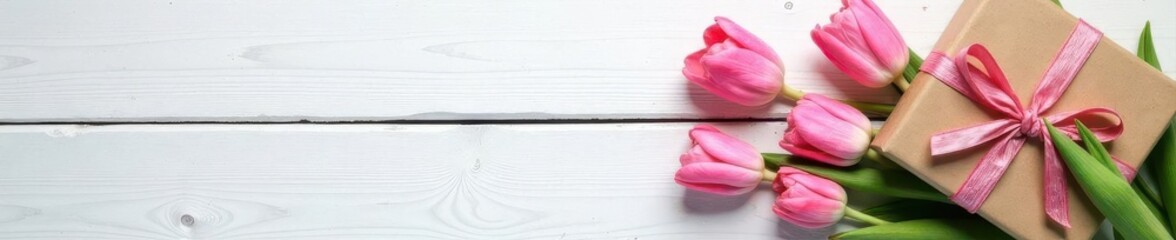 Fototapeta premium Elegant Valentine's Day scene Pink tulips and wrapped gift on rustic white wood table , floral, design