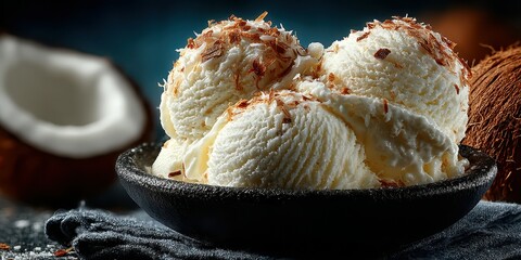 Delightful coconut ice cream served in a rustic bowl garnished with coconut flakes at a cozy dessert setting