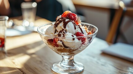 5. A bowl of ice cream sundae sits on a table, ready to be enjoyed with friends on a warm afternoon. 