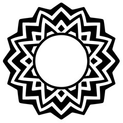 A black and white illustration of a circular mandala with a geometric, zigzag pattern.