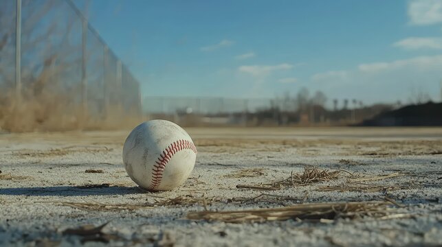 The camera focusing on the white leather baseball as it lies motionless on the mound, while the infield and outfield stretch into the distance. - Powered by Adobe