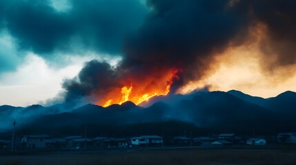 Fototapeta premium Raging forest fire causing a natural disaster during stormy weather