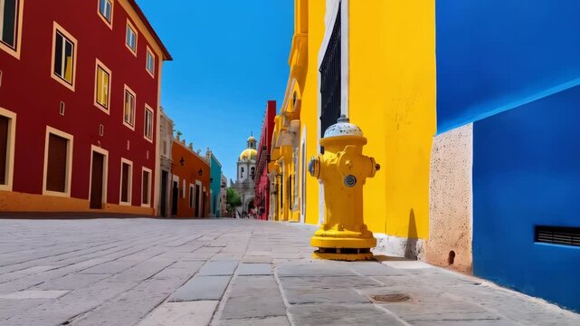A vibrant yellow fire hydrant stands out against a backdrop of colorful colonial buildings in a sunny city street.