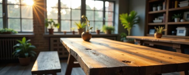 Fototapeta premium Rustic wooden table, large windows, airy office, serene, wood