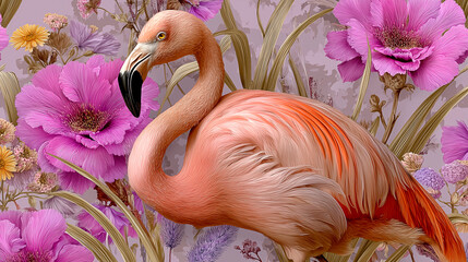 Beautiful flamingo standing among vibrant purple and pink flowers, detailed digital art full-body portrait wallpaper